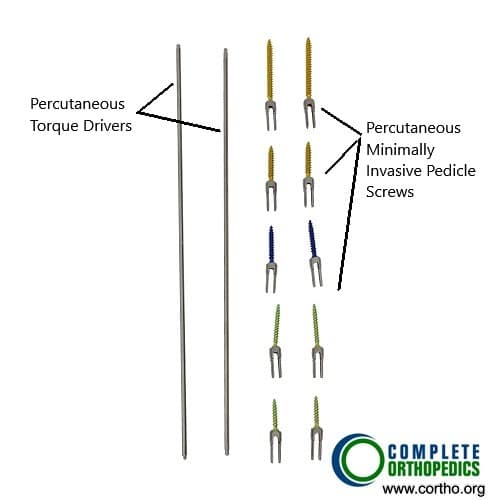Various sizes of pedicle screws along with drivers used in minimally invasive surgery