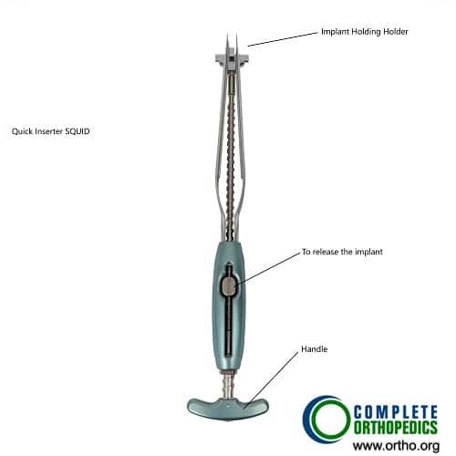 A quick implant inserter for ALIF with depth gauge and release mechanism.