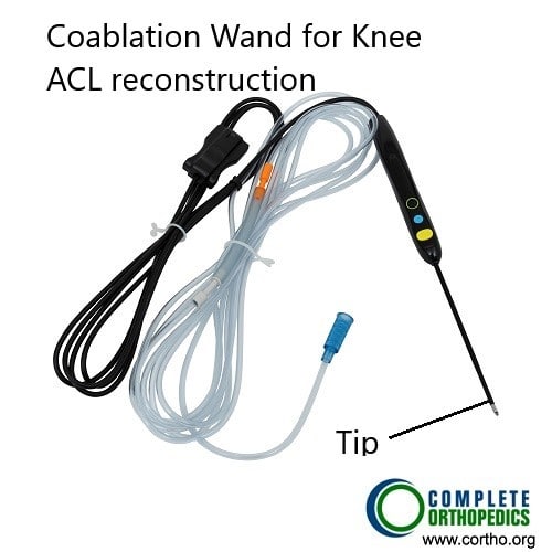 Instrument (co-ablation wand) used in knee arthroscopic surgery. Instrument (co-ablation wand) used in knee arthroscopic surgery.
