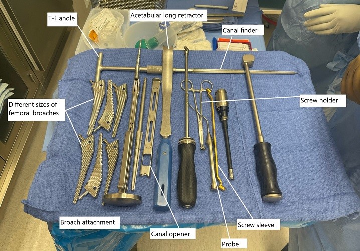 Intraoperative image showing instruments used in total hip replacement. Intraoperative image showing instruments used in total hip replacement.